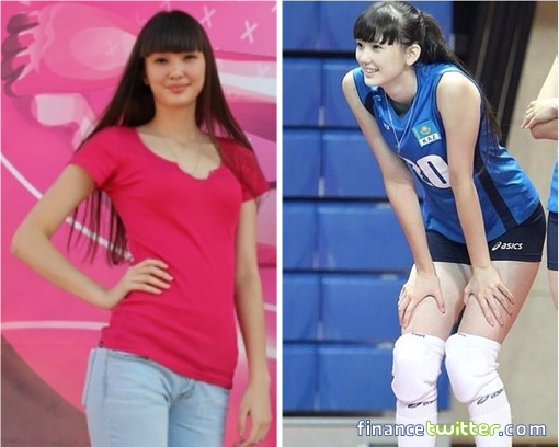 Kazakhstan Sabina Altynbekova - Volleyball Player Babe - blue team shirt and red T-shirt in jeans