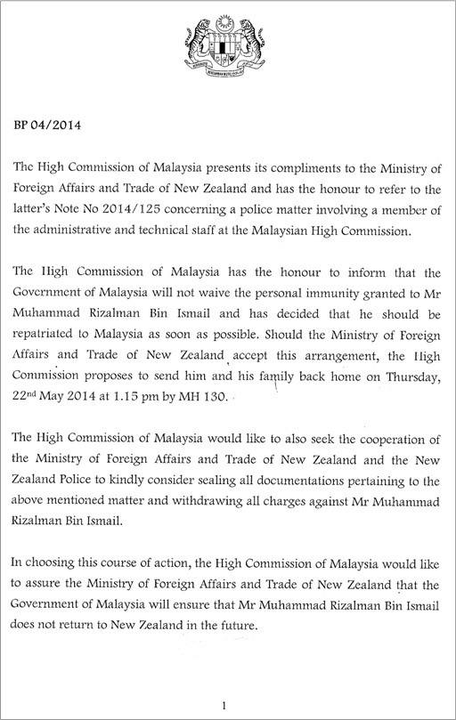 Malaysian Diplomat Rape Case in New Zealand - Malaysian Government Letter - 1