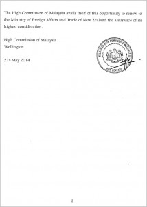 Malaysian Diplomat Rape Case in New Zealand - Malaysian Government Letter - 2