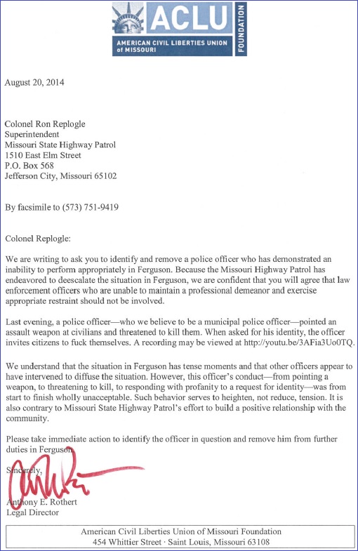 Ferguson Office Threaten - Letter from American Civil Liberties Union to Missouri Superintendent