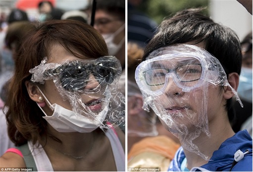 Hong Kong Demonstrations - Protestors with Goggle and Plastic Covers