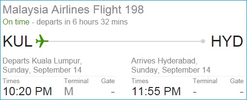 Malaysia Airline MH198 - Kuala Lumur - Hyderabad - Schedule