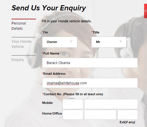 Honda Malaysia Website Enquiry - Personal Details