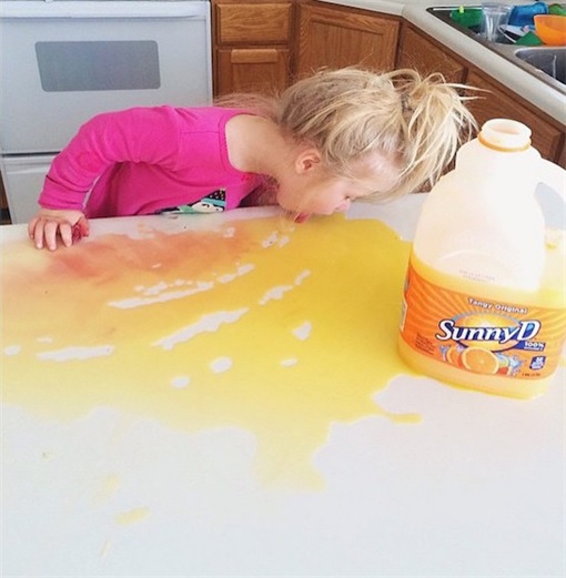 Kids Are The Worst - Licking Juice Spilt on Table