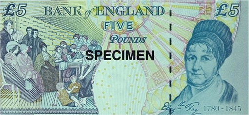 Woman on Currency Note - England - 5 Pound Elizabeth Fry
