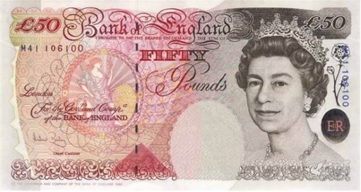 Woman on Currency Note - England - 50 Pound Queen Elizabeth II