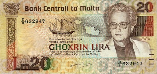 Woman on Currency Note - Malta - 20 Lira Agatha Barbara