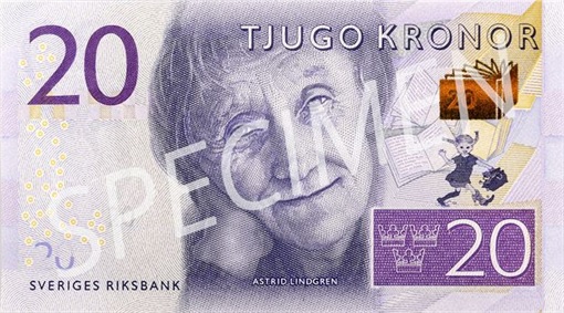 Woman on Currency Note - Sweden - 20 Krona Astrid Lindgren