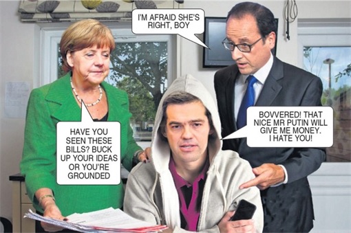 Greece Childish Problems - Comic - Spoilt Teenager Alexis Tsipras with stern mother German Chancellor Angela Merkel and father French President Francois Hollande - 1