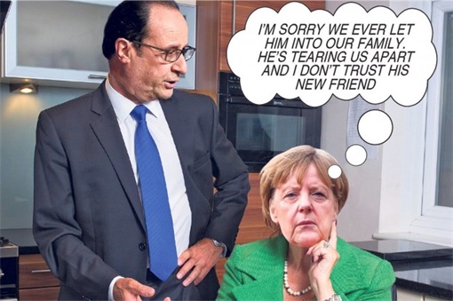 Greece Childish Problems - Comic - Spoilt Teenager Alexis Tsipras with stern mother German Chancellor Angela Merkel and father French President Francois Hollande - 4