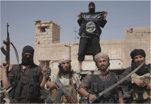 ISIS Islamic State Holding Flags Swords and Gun