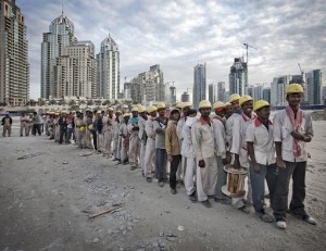 Foreign Construction Workers Building Dubai Skyscrapers - Queuing