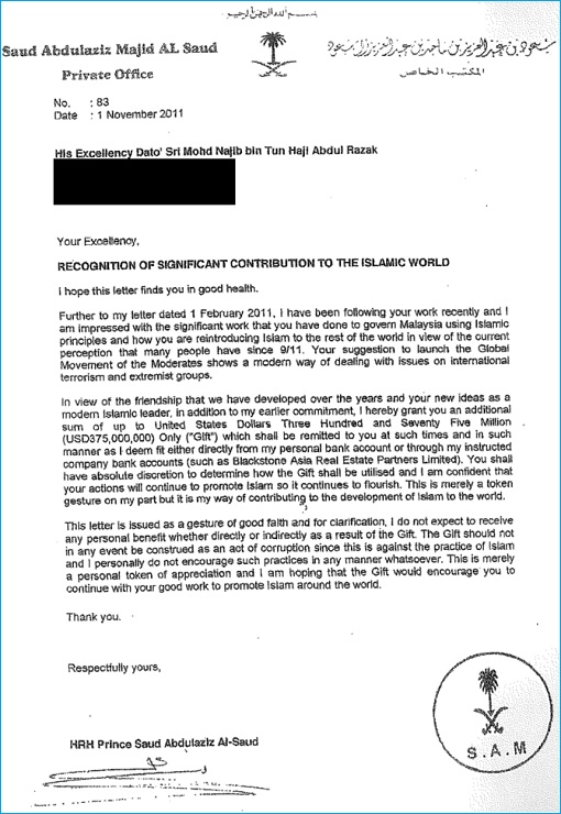 1MDB Scandal - Saudi Letter Document to Najib Razak