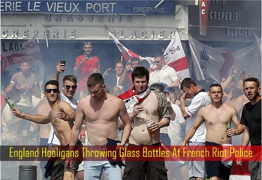 EURO 2016 Hooliganism - England Hooligans Throwing Glass Bottles At French Riot Police