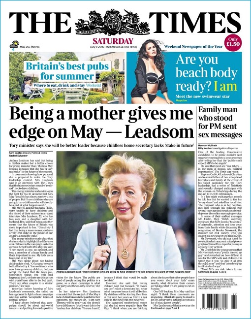 Britain The Times Newspaper - Andrea Leadsom - Being A Mother Gives Me Edge On May