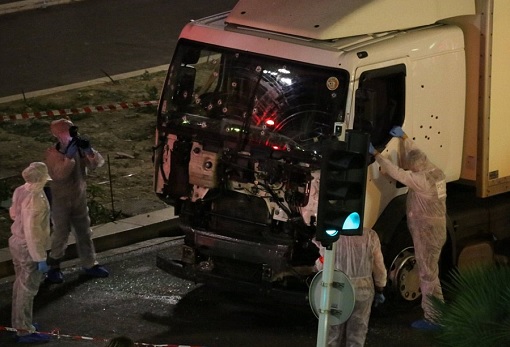 Nice French Truck Terrorist Attack - White Truck - Side View Zoom Bullet Holes