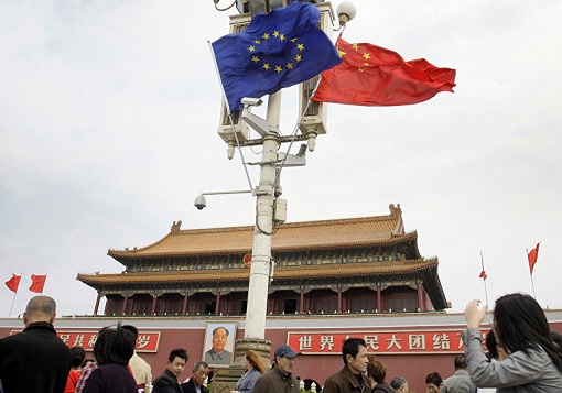 China-European Union EU Trade - Flags in Beijing