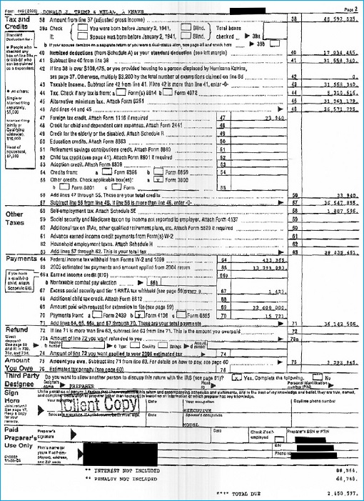 Donald Trump - 2005 Tax Returns - IRS Tax Form 1040 - Page 2