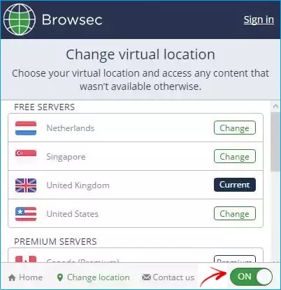 Browsec Extension - Turn ON button