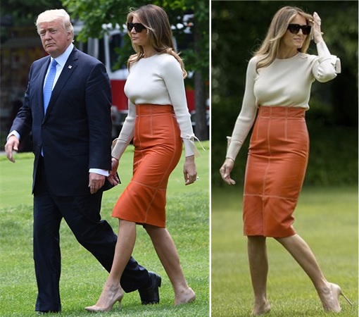 Fashion Diplomacy - Melania Trump First Foreign Trip - Hervé Pierre skin-tight orange leather skirt