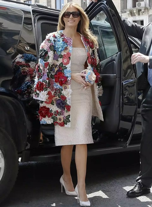 Fashion Diplomacy - Melania Trump First Foreign Trip - Italy - Dolce Gabbana - Colourful Floral Appliqué Jacket - Out of SUV