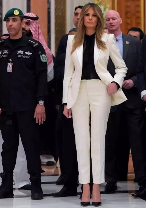 Fashion Diplomacy - Melania Trump First Foreign Trip - Saudi - Dolce Gabbana White Pantsuit