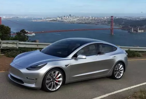 Tesla Model 3 - Silver Exterior - San Francisco Bridge Background