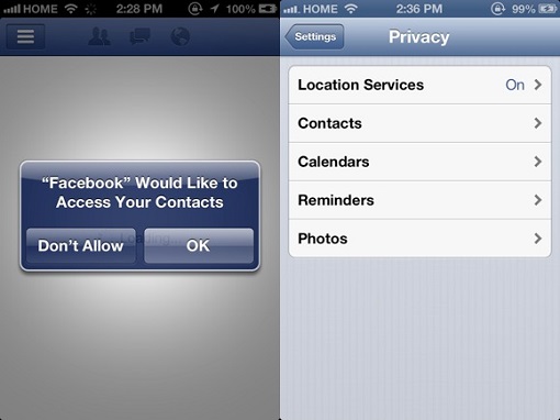 Apple iPhone Asks For Access Permission For Facebook