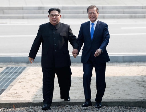 North Korean Kim Jong-un Meets South Korean President Moon Jae-in - Holding Hands