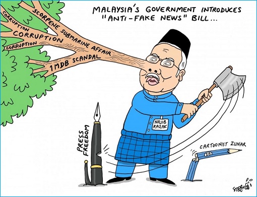 Thailand Caricature - Najib Pinocchio Liar, Corruption, 1MDB Scandal, Scorpene Submarine Affair