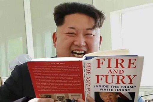 North Korean Kim Jong-un Laugh while Reading Trump Fire and Fury Book