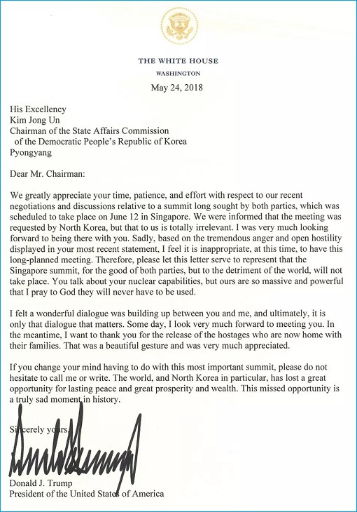President Donald Trump Cancels Summit With Kim Jong-un - Letter