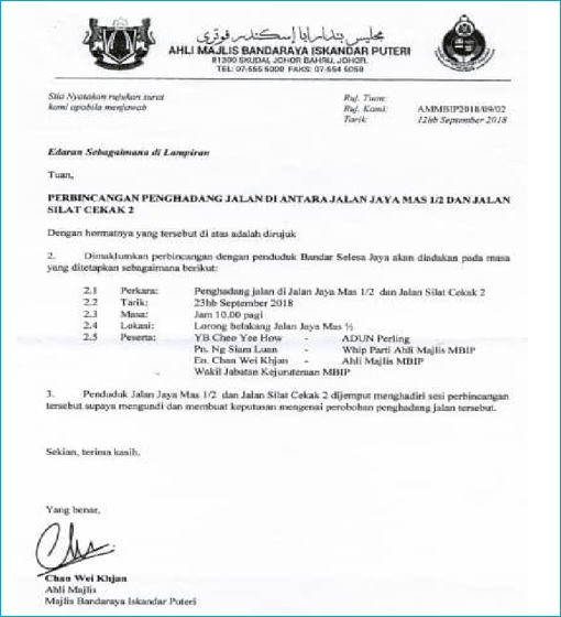Controversial Letter - Iskandar Puteri City Council - Malay Language version