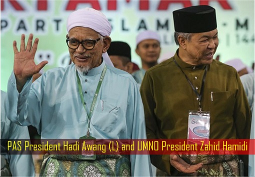 PAS President Hadi Awang and UMNO President Zahid Hamidi - Smiling and Waving