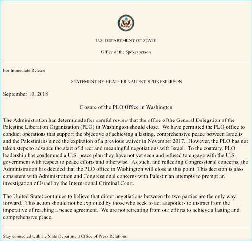 US Department of State - Closure of PLO Office in Washington - Statement