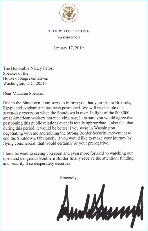 President Donald Trump Letter To Speaker Nancy Pelosi - Postpone of Overseas Trip