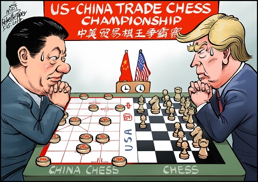 US-China Trade War - Chess - Cartoon