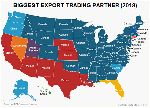 United States - Biggest Export Trading Partner 2018 - Map