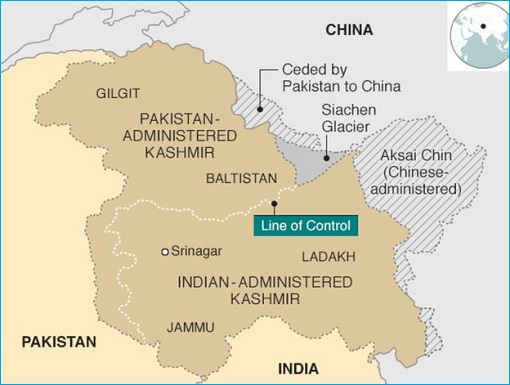 Indian-administered Kashmir and Pakistan-administered Kashmir - Map