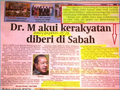 Mahathir Project IC in Sabah - Newspaper Cutting - Admission