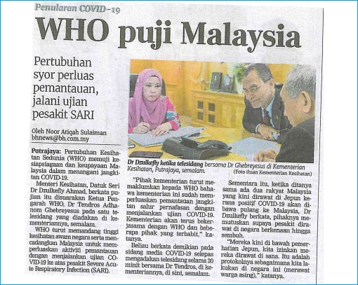 WHO Praise Malaysia - Coronavirus - Newspaper Cutting