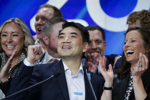 Zoom IPO Listing on NASDAQ - CEO and Founder Eric Yuan and Staff Celebrate