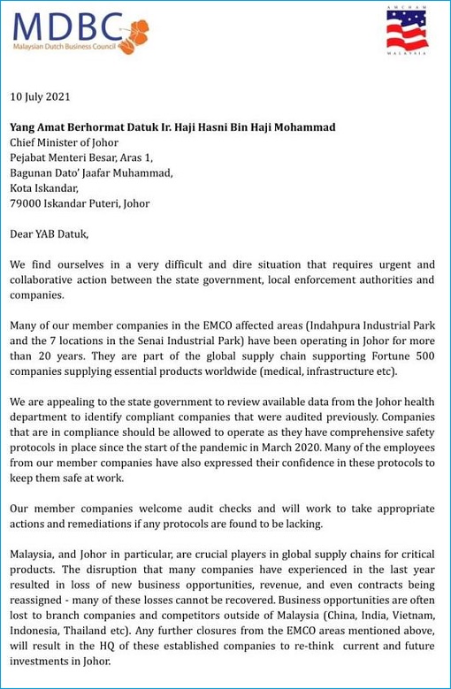 Malaysian-Dutch Business Council MDBC - Letter of Complaint of Covid-19 SOP Confusion