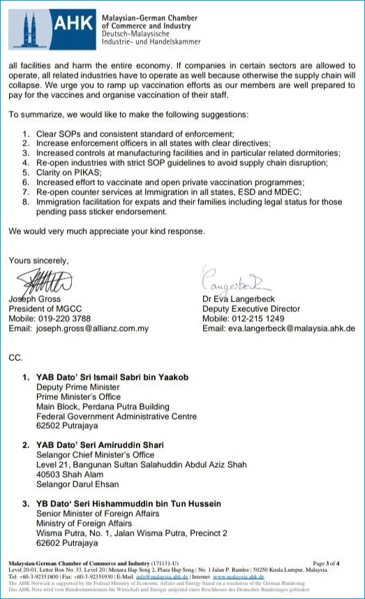 Malaysian-German Chamber of Commerce and Industry MGCC - Letter of Complaint of Covid-19 SOP Confusion - Page 3