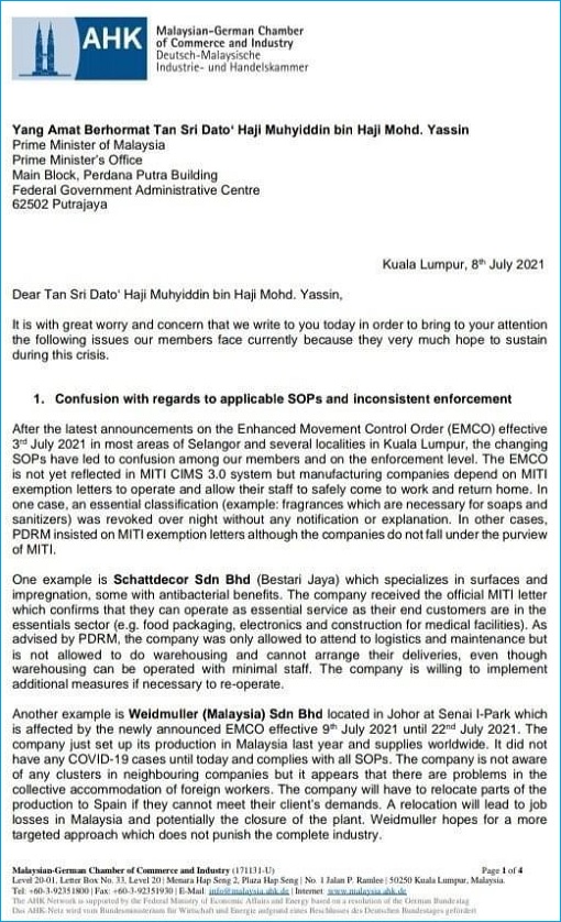 Malaysian-German Chamber of Commerce and Industry MGCC - Letter of Complaint of Covid-19 SOP Confusion