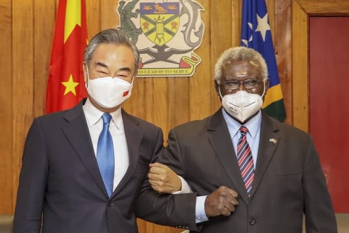 Solomon Islands Prime Minister Manasseh Sogavare with Chinese Foreign Minister Wang Yi
