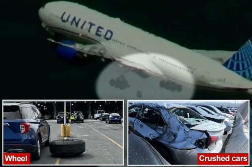 United Airlines Boeing Tire Fell Off - Crushed Cars