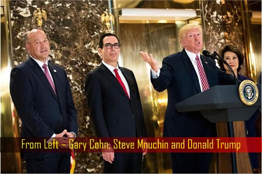 Gary Cohn, Steve Mnuchin and Donald Trump