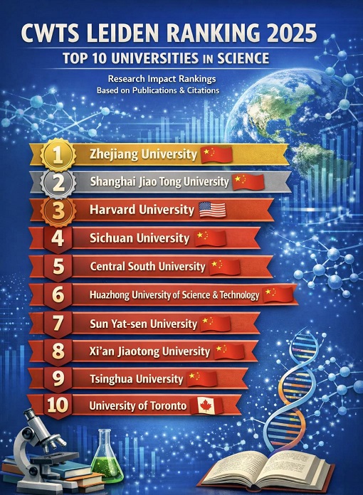 Leiden CWTS Ranking 2025 - Top 10 Universities in Science