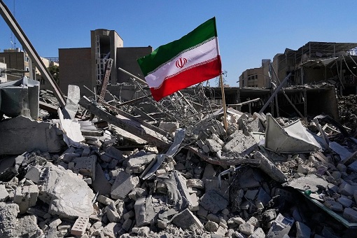 US-Israel Attack Iran - Iran Flag in Rubble